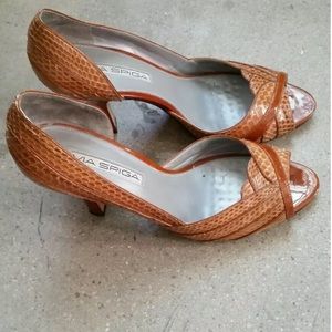 Via Spiga snake print leather patent d’orsay heels